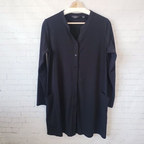 Susan Graver Everyday Womens Tunic Top Size S Solid Black Button Front Stretch - Picture 1 of 7